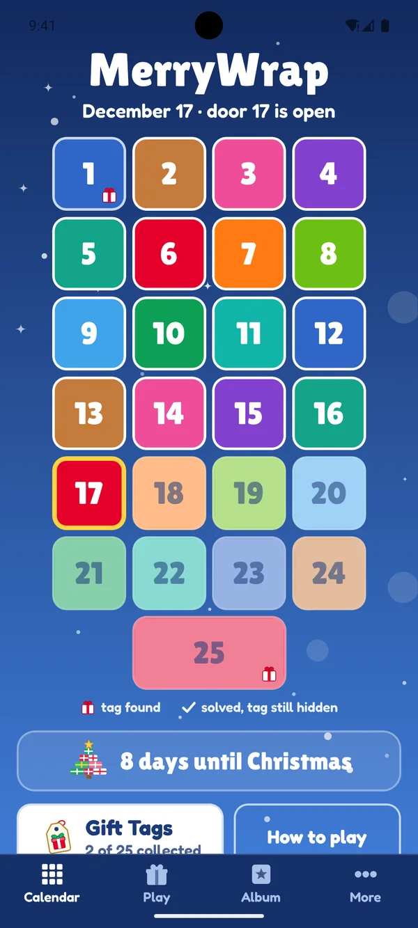 The MerryWrap door calendar on December 17, with gift tags found on doors 1 and 25